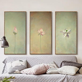 
                                        墙蛙wallwa 现代简约客厅装饰画荷花三联有框画中式玄关挂画竖版茶室画 荷韵辛春成 一套三幅 外框尺寸42cm*82cm                