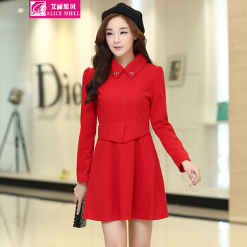艾丽思贝2014秋季新款修身毛呢背心长袖连衣