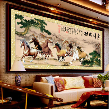 
                                        皇家彼岸十字绣印花客厅大画新款马到成功八骏图十字绣套件包邮 11CT棉线印花190*76CM满绣                