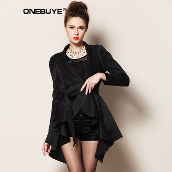 o<em></em>nEBUYE 2014秋冬<em>女风衣</em>翻领<em>荷叶</em>边<em>下摆</em>女