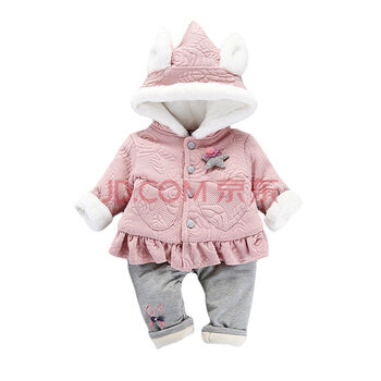 女童装兔耳朵连帽加厚套装秋冬款女宝宝连帽卫