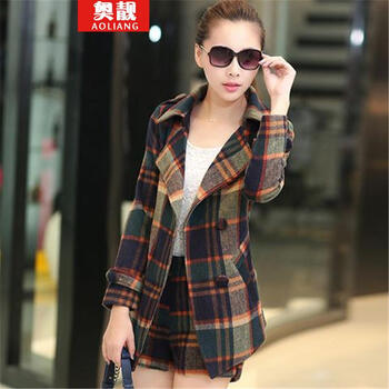 奥靓 2014秋冬休闲<em>格子</em>秋季毛呢外套<em>女冬</em>款短