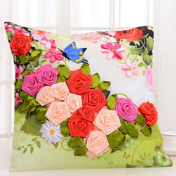 
                                        悠趣 手工绣丝带绣套件3D彩印 45x45CM 花卉方形抱枕花卉 C-142玫瑰蝴蝶梦                