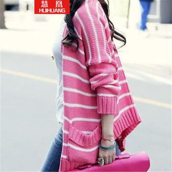 慧凰 2014秋冬修身百搭条纹<em>开衫</em>大<em>毛衣</em>外套韩