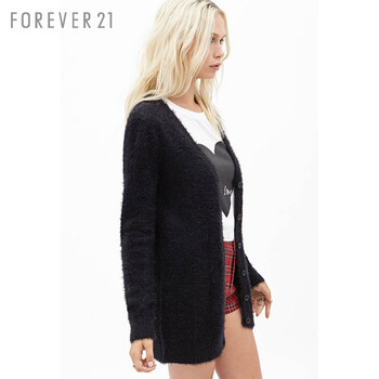 [F21]长毛绒<em>V领长款针织开衫</em> 黑色 M【图片 价