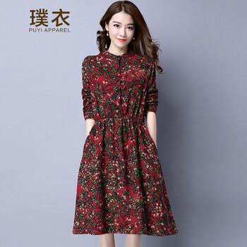 璞衣2018春季新品 麻棉女装碎花连衣裙女收腰长袖宽松大码长裙3271 枣
