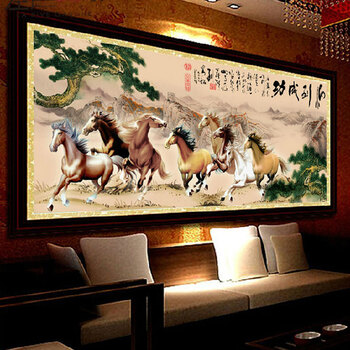 
                                        皇家彼岸十字绣印花客厅大画新款马到成功八骏图十字绣套件包邮 11CT棉线印花190*76CM满绣                