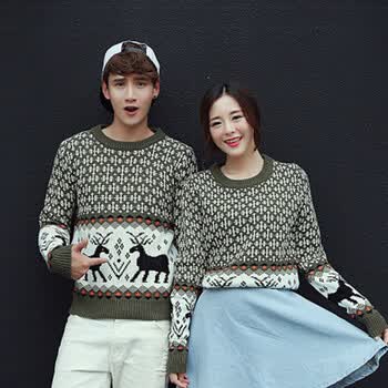 纽豪斯 秋冬男女韩版<em>小鹿雪花毛衣</em> 情侣潮款秋