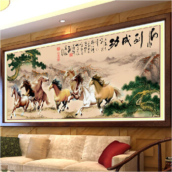 
                                        皇家彼岸十字绣印花客厅大画新款马到成功八骏图十字绣套件包邮 11CT棉线印花190*76CM满绣                