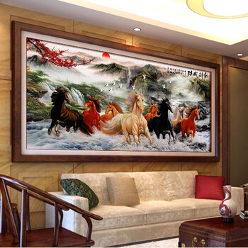 
                                                            K-S 十字绣马精准印花新款客厅大画八骏图马到成功财源广聚大幅 11CT小版棉线印花1.5米                