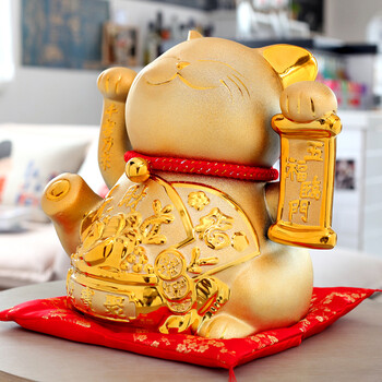 星扉 特大号五福临门金色招财猫陶瓷装饰摆件 家庭摆设 特大号金色五福临门聚宝盆