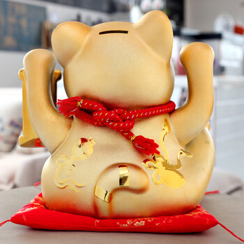 星扉 特大号五福临门金色招财猫陶瓷装饰摆件 家庭摆设 特大号金色五福临门聚宝盆