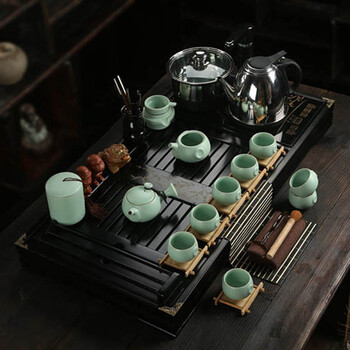 功夫茶具套装 整套陶瓷汝窑 四合一快速炉  实木茶盘 套装10