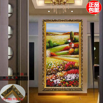 
                                        玄关挂画壁画竖版画田园风景画 纯手绘油画走廊装饰画竖画有框画墙画立体画背景画进门风水画壁挂 银色边框 80*160厘米                
