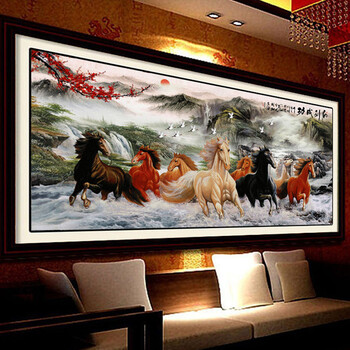 
                                                            K-S 十字绣马精准印花新款客厅大画八骏图马到成功财源广聚大幅 11CT小版棉线印花1.5米                