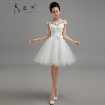 靓饰 2015新款伴娘礼服一字肩白色蕾丝花朵短