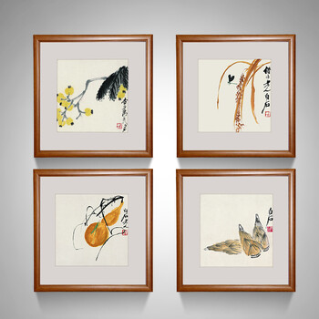 
                                        橙舍 客厅装饰画现代中式挂画版画有框玄关画餐厅装饰画花卉国画名家书画四联齐白石画春华秋实 古韵桃木-葫芦 装裱后高45*长45                
