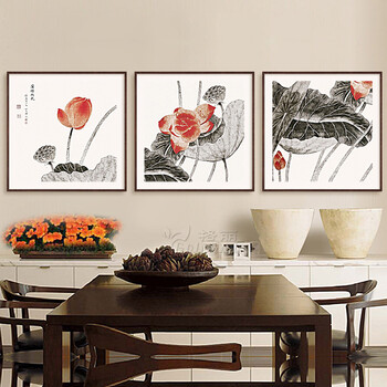 
                                        【签约画家作品】格丽有框画国画 现代中式客厅装饰画玄关挂画餐厅壁画办公室装饰字画风景画 中式红荷三联 60*60cm                