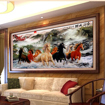 
                                                            K-S 十字绣马精准印花新款客厅大画八骏图马到成功财源广聚大幅 11CT小版棉线印花1.5米                
