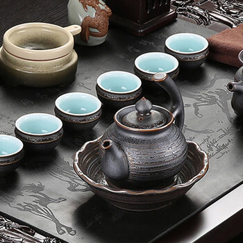 
                                        云品家居 乌黑金石茶具茶盘套装 紫砂汝窑整套功夫茶具套装 中号八仙过海石盘铁釉行者DB                