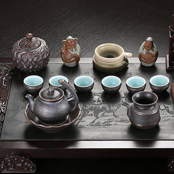 
                                        云品家居 乌黑金石茶具茶盘套装 紫砂汝窑整套功夫茶具套装 中号八仙过海石盘铁釉行者DB                