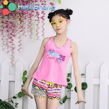 儿童泳衣可爱大童女分体平角学生少女修身背心运动泳衣遮肚印花泳装