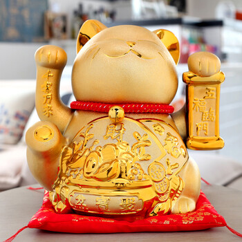 星扉 特大号五福临门金色招财猫陶瓷装饰摆件 家庭摆设 特大号金色五福临门聚宝盆
