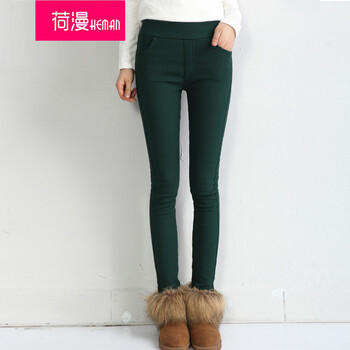 荷漫2015新款打底裤外穿高腰女韩版潮秋冬加绒显瘦修紧身小脚铅笔裤子学生裤9922 白色 M适合80斤到100斤
