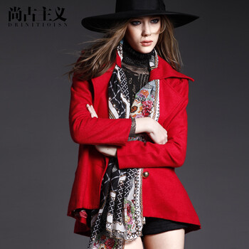尚古主义新款欧美女装修身女毛呢外套长袖纯色羊毛呢大衣 红色 L即将涨价