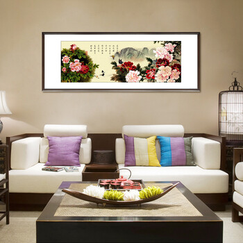 室全室美现代客厅卧室家居简约中国风大厅大幅中式壁画挂画实木有框画年年有鱼家和万事兴国色牡丹 家和万事兴50x160cm