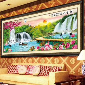 3D十字绣100精准印花新款客厅系列山水画流水生财生财有道大幅风景大画 3D棉线印花185*73CM
