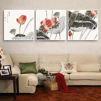 
                                        【签约画家作品】格丽有框画国画 现代中式客厅装饰画玄关挂画餐厅壁画办公室装饰字画风景画 中式红荷三联 60*60cm                