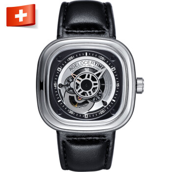 艾戈勒（agelocer）大爆炸瑞士原装进口手表时尚创意全自动机械表镂空方形男表大表盘潮表 银色黑皮 5001A1