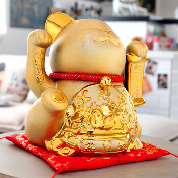 星扉 特大号五福临门金色招财猫陶瓷装饰摆件 家庭摆设 特大号金色五福临门聚宝盆