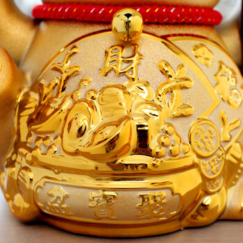 星扉 特大号五福临门金色招财猫陶瓷装饰摆件 家庭摆设 特大号金色五福临门聚宝盆
