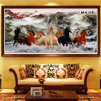 
                                                            K-S 十字绣马精准印花新款客厅大画八骏图马到成功财源广聚大幅 11CT小版棉线印花1.5米                