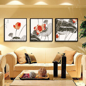 
                                        【签约画家作品】格丽有框画国画 现代中式客厅装饰画玄关挂画餐厅壁画办公室装饰字画风景画 中式红荷三联 60*60cm                