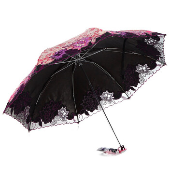 天堂伞 芬芳馥郁三折超轻绣花晴雨伞33203E金玫红