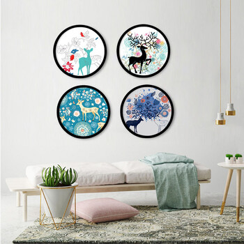 墨非 客厅装饰画圆形画框创意玄关壁画北欧清新植物餐厅挂画 森系麋鹿