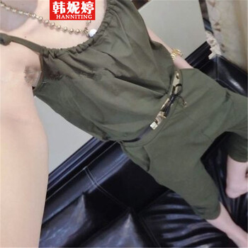 韩妮婷 2015蝴蝶结系带收腰简约休闲连衣裤 绿色 84厘米(2尺5)