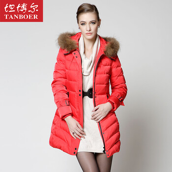 坦博尔冬装女羽绒服女款中长款修身加厚连帽带