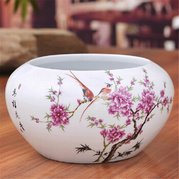 
                                                            景烨瓷器工艺品摆件陶瓷缸花盆鱼缸乌龟缸景德镇金鱼缸睡莲盆碗莲水族箱笔洗养鱼陶瓷 水点桃花 大号肚径33高度17CM加底座                