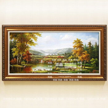 
                                        添画（TIANHUA） 添画 客厅风景山水手绘油画欧式风格沙发顶挂画装饰画 暗金画框 70*140CM                
