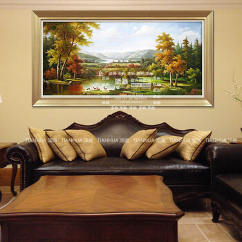 
                                        添画（TIANHUA） 添画 客厅风景山水手绘油画欧式风格沙发顶挂画装饰画 暗金画框 70*140CM                
