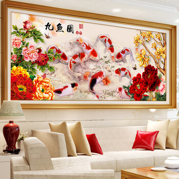 5D圆钻钻石画满钻 十字绣连年有余九鱼图钻石绣新款客厅 富贵有余点钻贴钻大幅2米魔方钻系列 满钻钻石画 魔方圆钻 200*80cm
