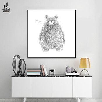
                                        云图 萌萌熊 黑白装饰画现代简约客厅玄关书房儿童房办公室挂画沙发背景墙画 黑色画框 70*70                