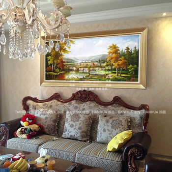 
                                        添画（TIANHUA） 添画 客厅风景山水手绘油画欧式风格沙发顶挂画装饰画 暗金画框 70*140CM                