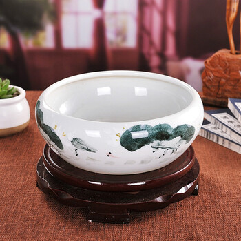 
                                                            景烨景德镇工艺品陶瓷器鱼缸水仙花盆家居饰品客厅艺术品摆件 墨绿睡莲 大号肚径42高18                