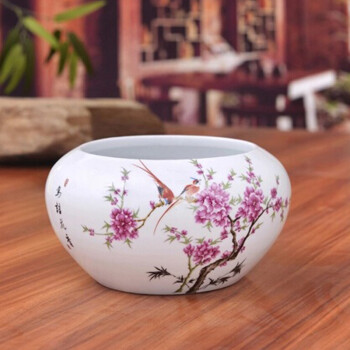 
                                                            景烨瓷器工艺品摆件陶瓷缸花盆鱼缸乌龟缸景德镇金鱼缸睡莲盆碗莲水族箱笔洗养鱼陶瓷 水点桃花 大号肚径33高度17CM加底座                