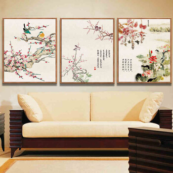 
                                        天顶山 新中式客厅装饰画国画花鸟沙发背景墙画有框三联画书房办公室挂画玄关画 简约中式三联 木纹框 50*70CM                
